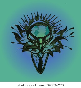 sketch of tattoo cosmonaut in leaves green