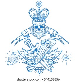 Sketch of tattoo with a crown and a baseball bat. Outline illustration for coloring with machetes. Drawing on themes Ganster to design T-shirts, playing cards, theme parties.