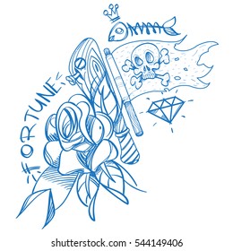 Sketch of tattoo with a dagger and roses. Outline illustration for coloring with the Jolly Roger. Drawing from a pirate and flowers for design t-shirts, playing cards, theme parties.