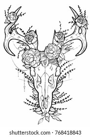 Sketch tattoo. Deer skull. Graphic. Vector.