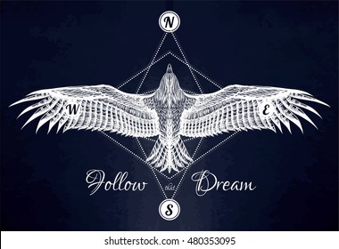 Sketch tattoo eagle with directions and slogan: Follow that dream.Detailed hand drawn pencil condor