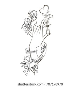 sketch of a tattoo of a female hand with a love potion and flowers