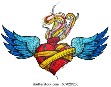 A sketch of a tattoo. Heart with wings and flowers colored illustration.