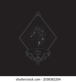 Sketch tattoo libra constellation with title in a retro frame. Vector linear isolated diamond-shaped astrological illustration with rhombus, star system, ribbon and zodiac sign for print