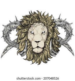 sketch of tattoo lion with horns, Taurus, horned, emblem