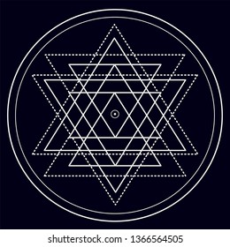 Sketch of a tattoo with set geometric shape, triangle mandala, polygonal line art, line shape, tattoo design, dots, vector illustration on a dark background