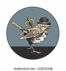 Sketch of tattoo. Sparrow in the Hat