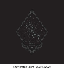Sketch tattoo taurus constellation with title in a retro frame. Vector linear isolated diamond-shaped astrological illustration with rhombus, star system, ribbon and zodiac sign for print