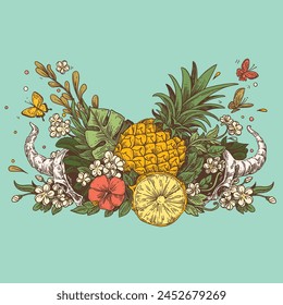 Sketch tattoo. Tropical fruits in a horned skull. Engraving style. Vector illustration.