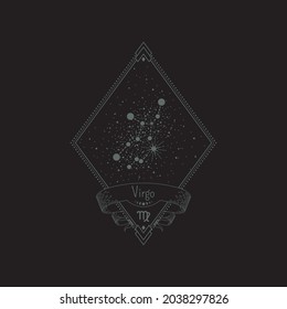 Sketch tattoo virgo constellation with title in a retro frame. Vector linear isolated diamond-shaped astrological illustration with rhombus, star system, ribbon and zodiac sign for print