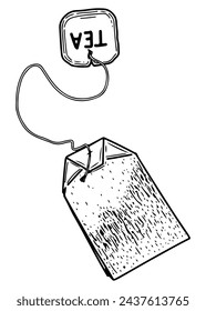Sketch tea bag. Package with brewed drink. Hand drawn vector line illustration.