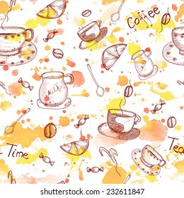 Sketch tea and coffee on watercolor hand drawn background. Vector seamless pattern.