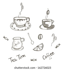 Sketch Tea Coffee Set. Vector Illustration.