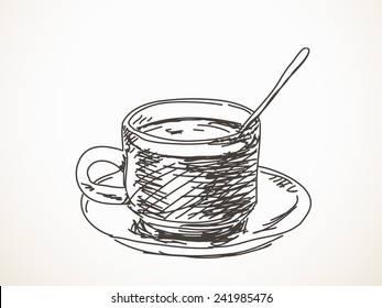 Sketch of tea cup with spoon, Hand drawn vector illustration