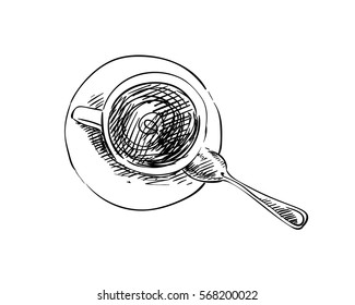 Sketch of tea cup with spoon isolated on white background, Hand drawn vector illustration view from above