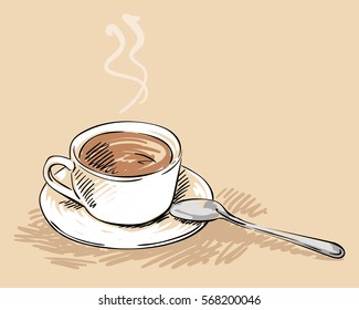 Sketch of tea cup with spoon isolated, Hand drawn vector illustration