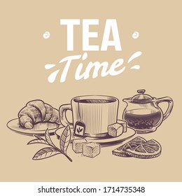 Sketch tea. Hand drawn objects for tea shop, mugs and kettle tea leaves and dried herbs, croissant and lemon slices vector vintage background