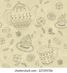Sketch of tea party. Seamless pattern
