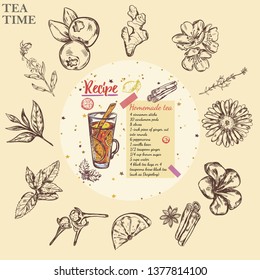 Sketch tea recipe round template with tea glass blueberry monochrome cinnamon sticks bergamot lemon camomile jasmine marjoram ginger mint sage hibiscus clove vector illustration