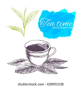 Sketch tea set.Hand drawn vintage illustrations