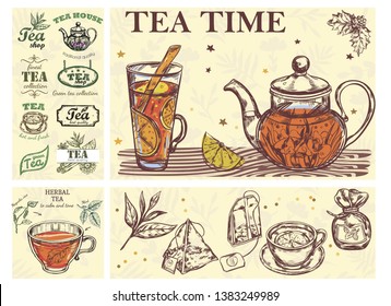 Sketch Tea Time Colorful Concept with glass cup teapot of beverage herbs bags and tea labels vector illustration