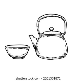 Sketch teacup and teapot isolated on white background,Vector illustration 