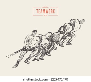 Sketch of a team, pulling line, teamwork, partnership concept, hand drawn vector illustration