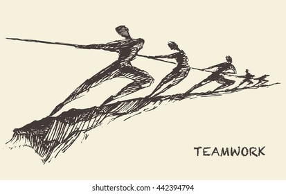 Sketch Of A Team, Pulling Line. Teamwork, Partnership Concept Vector Illustration