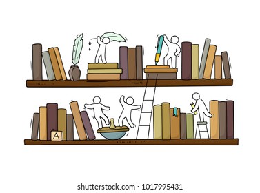 Sketch for teamwork, books,cooperation. Doodle cartoon scene with bookshelves. Hand drawn vector illustration for education design isolated on white.