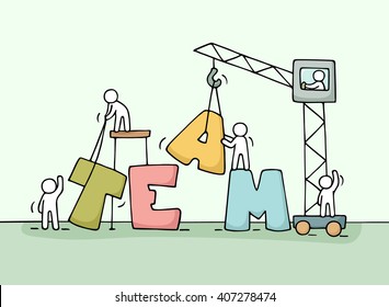 Sketch of teamwork with working little people. Doodle cute miniature of  word construction. Hand drawn cartoon vector illustration for business design and concepts.