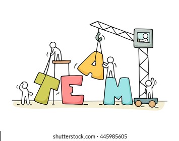 Sketch of teamwork with working little people. Doodle cute miniature of  word construction. Hand drawn cartoon vector illustration for business design and concepts.