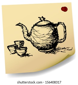 sketch teapot with cup  on sticky  paper vector 