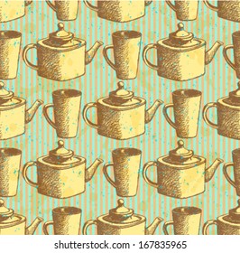 Sketch teapot and cup, vector background 