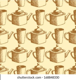 Sketch teapot and cup, vector background 