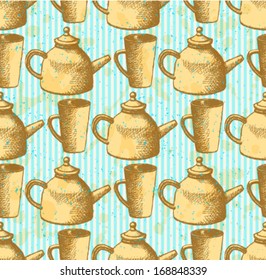 Sketch teapot and cup, vector background 