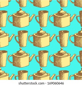 Sketch teapot and cup, vector background 