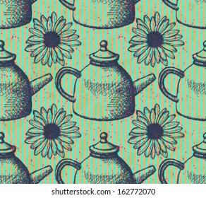 Sketch teapot and daisy, vector background