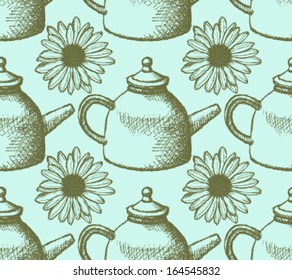 Sketch teapot and daisy, vector background