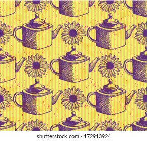 Sketch teapot and daisy, vector background 