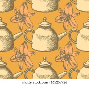 Sketch teapot and lily, vector background 