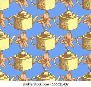 Sketch teapot and lily, vector background 