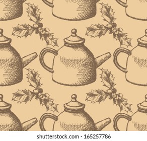 Sketch teapot and mistletoe, vector Christmas background 