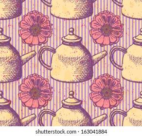 Sketch teapot and zinnia, vector background