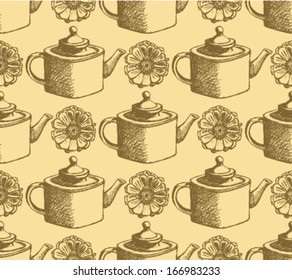 Sketch teapot and zinnia, vector background 