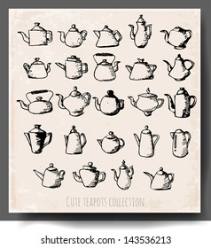 Sketch teapots collection. Hand-drawn with ink. Vector illustration.