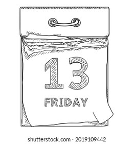 Sketch Tear-off Calendar Vector Hand Drawn Illustration. Friday 13 Date.