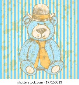Sketch Teddy bear in hat and cravat, vector vintage background