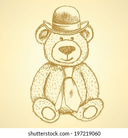 Sketch Teddy bear in hat and cravat, vector vintage background