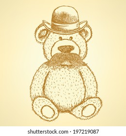 Sketch Teddy bear in hat with mustache, vector vintage background