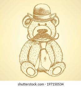 Sketch Teddy bear in hat and tie with mustache, vector vintage background